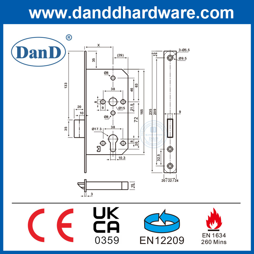 شهادة CE EN12209 FIRE تصنيف SS304 DEADBOLT LOCK لأبواب النار DDML013-6072