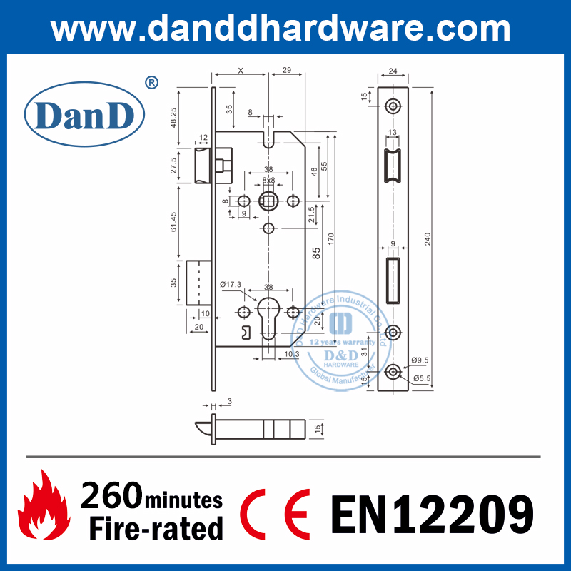 CE من الفولاذ المقاوم للصدأ النار الحريق المقنن قفل الباب الخارجي قفل DDML026-5085