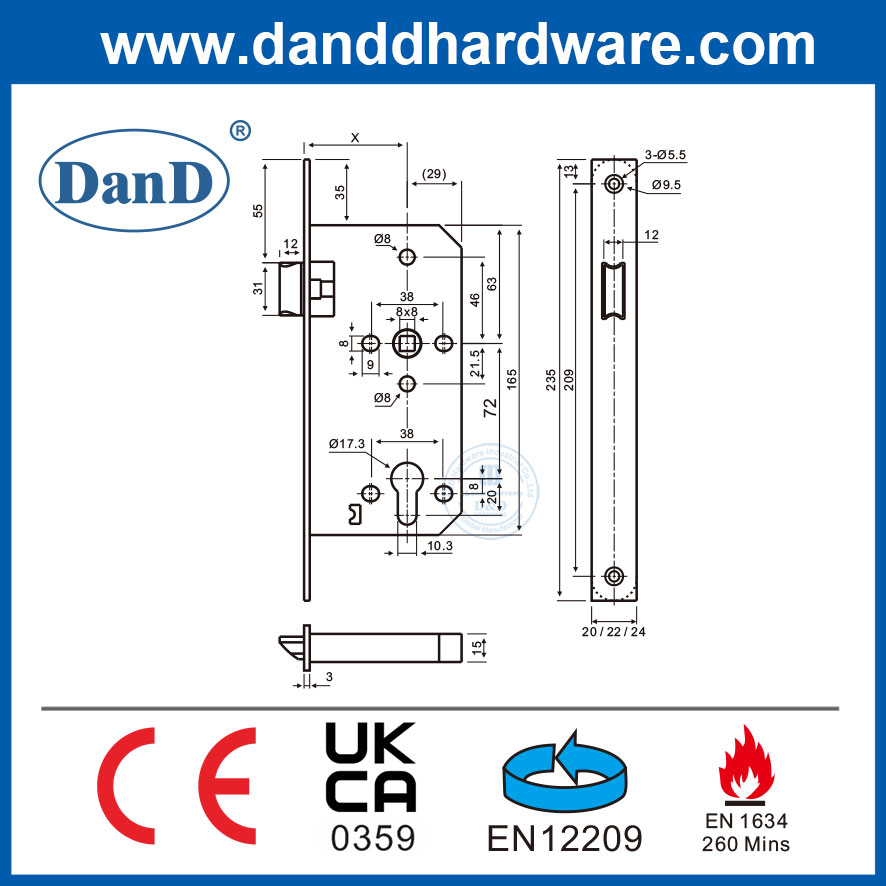 CE EN 12209 الفولاذ المقاوم للصدأ 6072 قفل قفل قفل الطراز القفل DDML011-6072