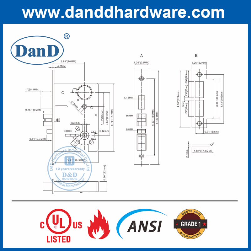 SS304 ANSI GRADE 1 American Door Lock for Storeroom-DDAL07
