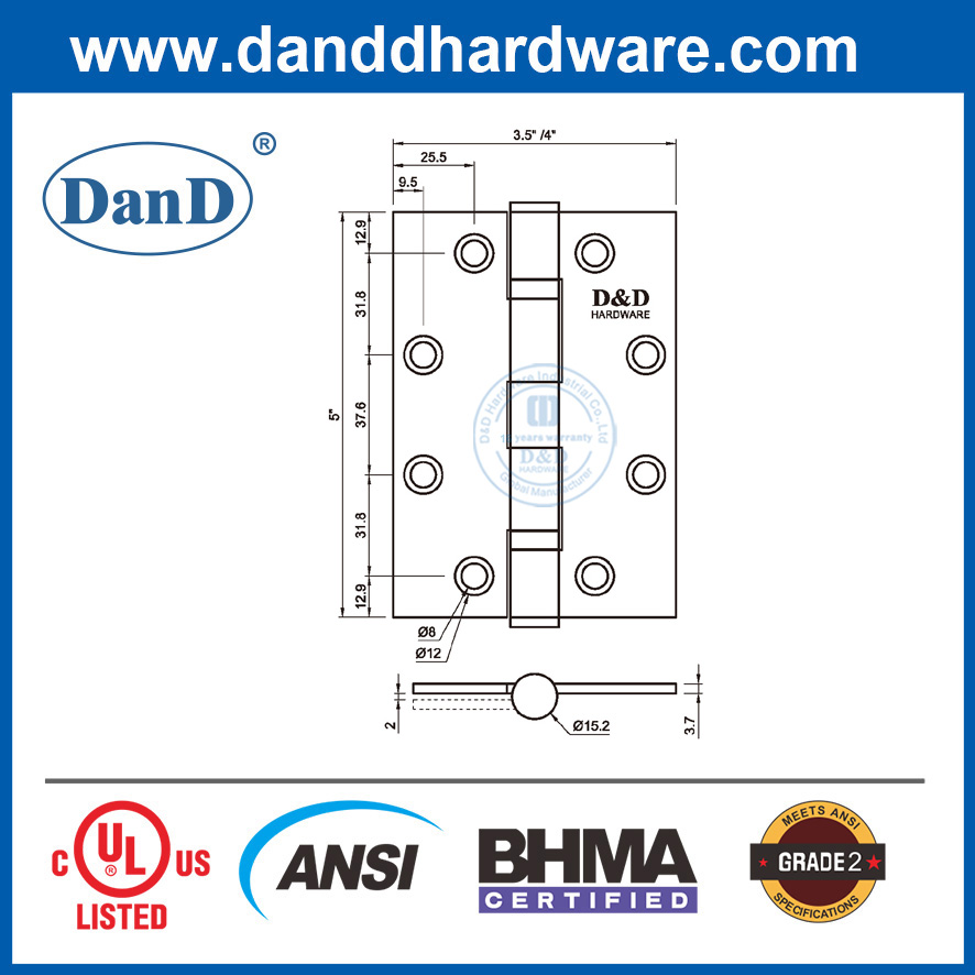5 بوصات من الفولاذ المقاوم للصدأ ANSI الصف 2 BHMA الباب الخارجي مفصل DDSS001-ANSI-2