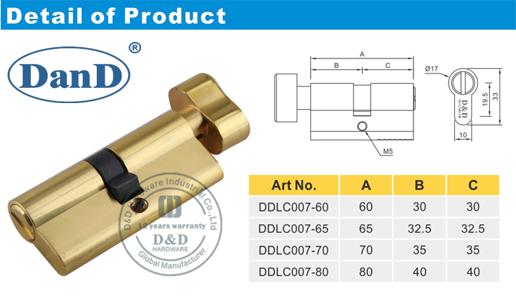 مصقول النحاس الباب قفل اسطوانة-د و دي الأجهزة